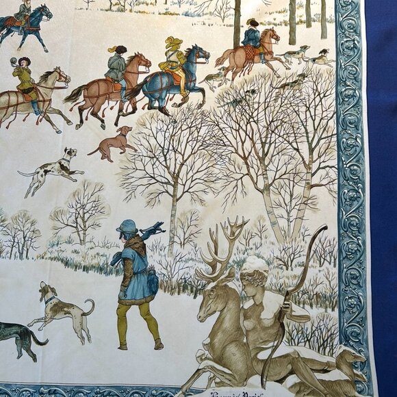 Vintage Hermes "L' Hiver" Silk Scarf with Blue Border Winter Snow - Picture 4 of 13
